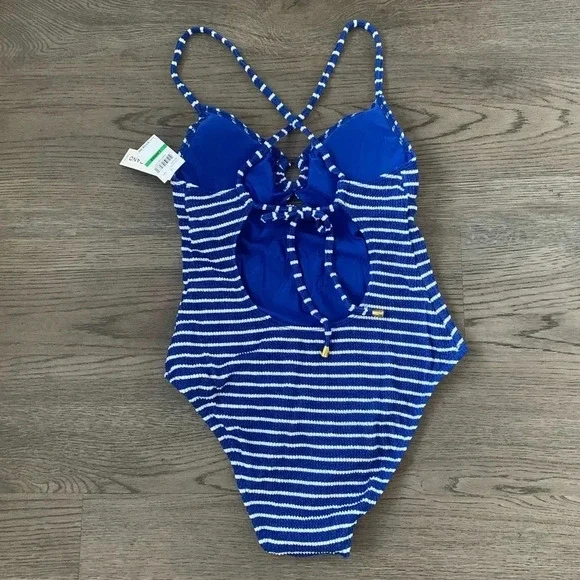 Lucky Brand Keyhole Detail Striped One-piece Swimsuit - Size L - Navy Stripe NWT